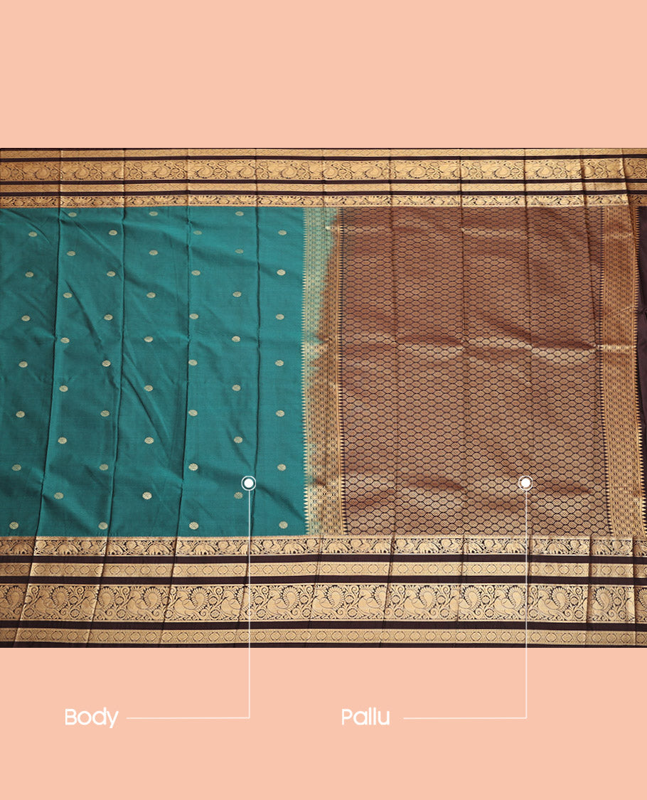 Green Budget Silk Saree with Zari Buttas, a Contrast Traditional Zari Border, Grand Pallu,Contrast Blouse