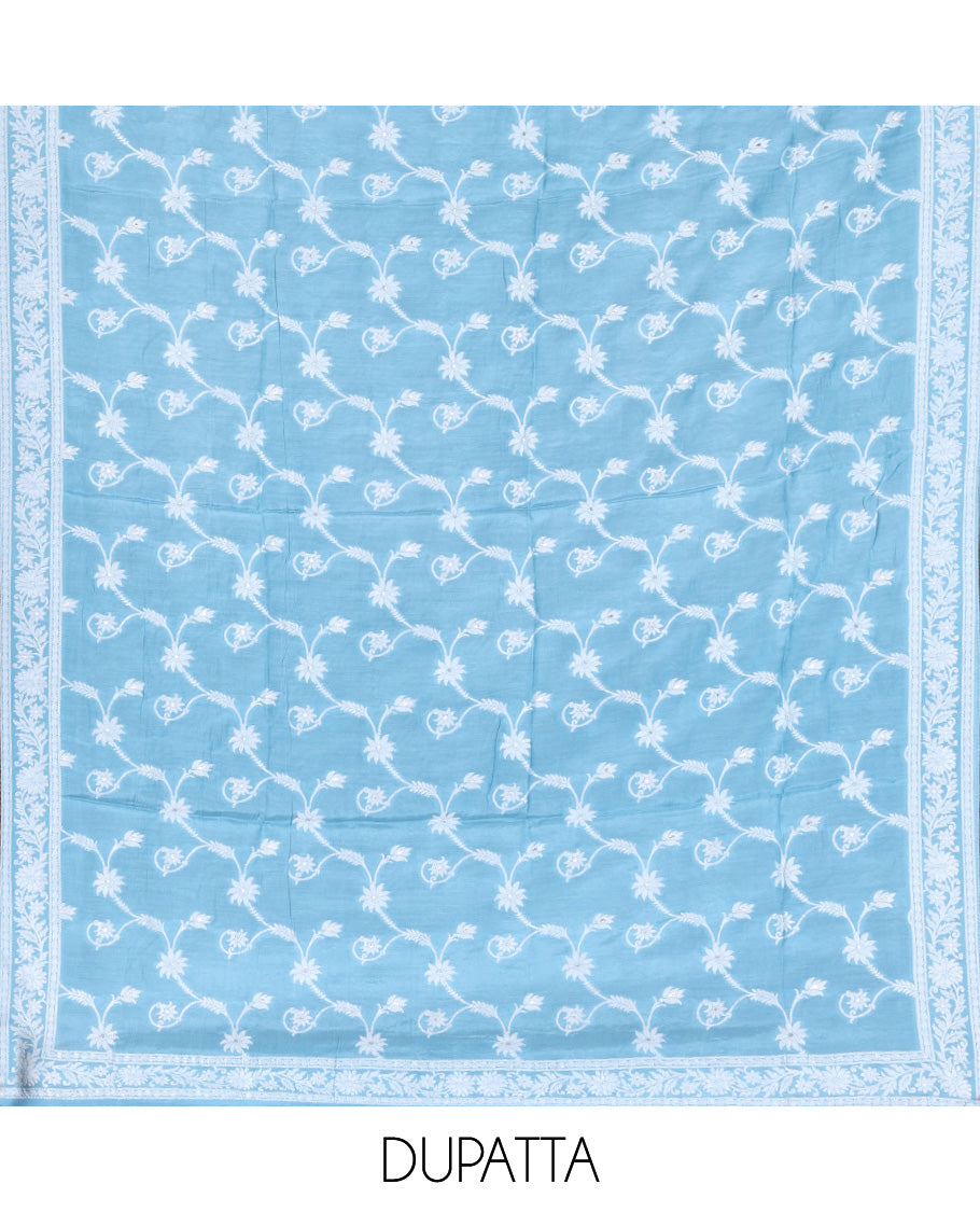 Sea Blue Viscose Muslin Material Churidar Features Buttas Thread Woven Top, a Santoon Bottom, and Floral Jaal Dupatta