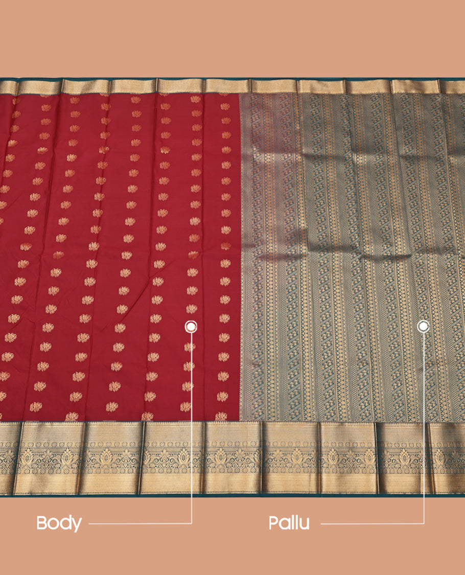 Maroon Budget Silk Saree, Decorated with Zari Buttas, Complemented by a Contrast Traditional Zari Border, Grand Pallu, and Contrast Blouse