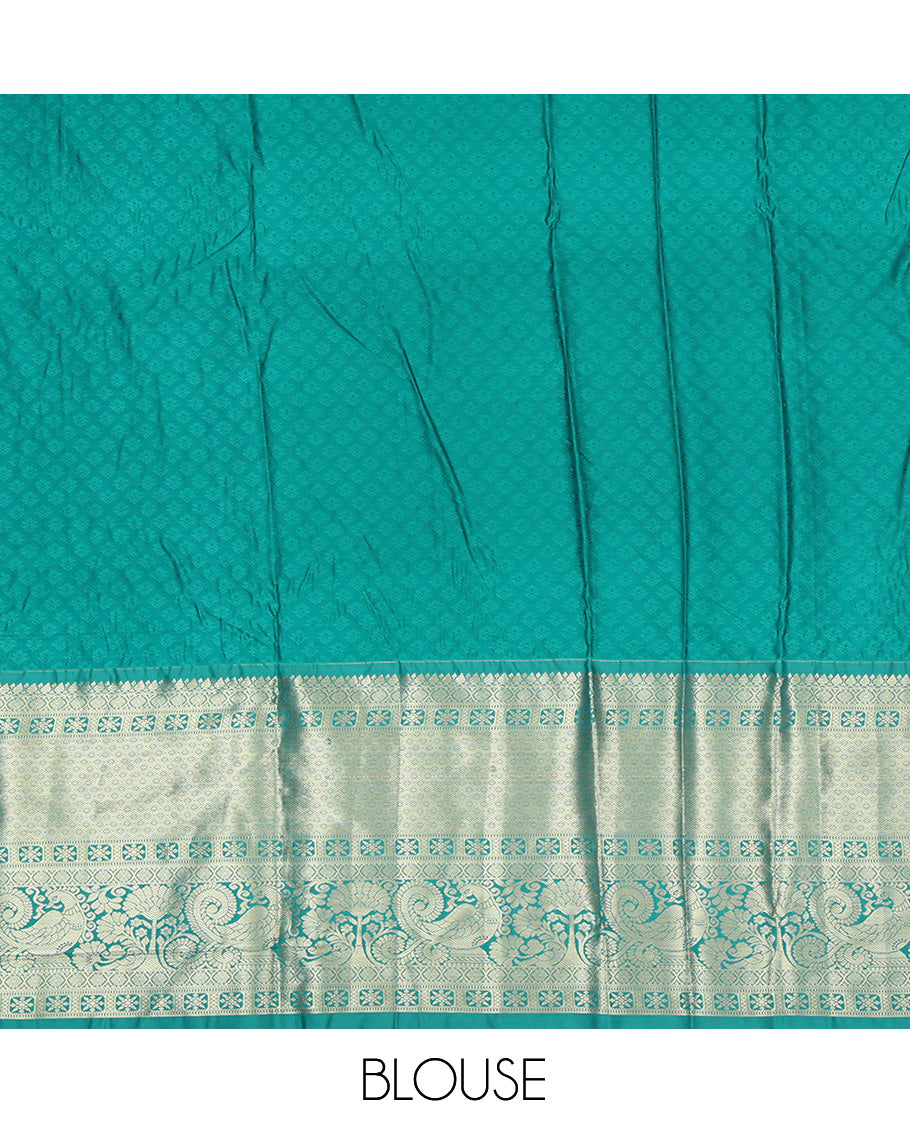 Red Jacquard Art Silk Pavadai Material, Bedecked with Contrast Traditional Border, a Contrast Blouse
