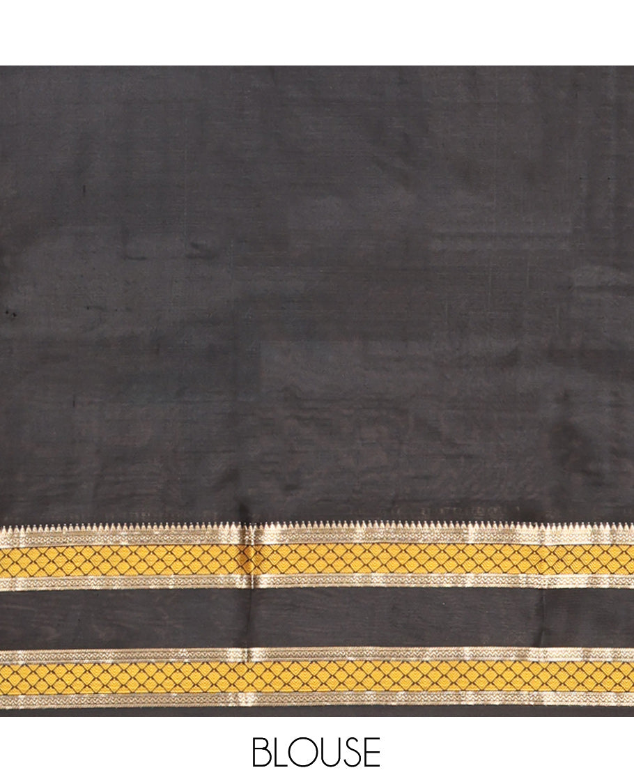 Magenta Vasundhara Silk Saree, Woven with Zari Buttas, Contrast Rettai Pettu Border of Rekku, Neli, and Jaal, Grand Pallu, and Contrast Blouse