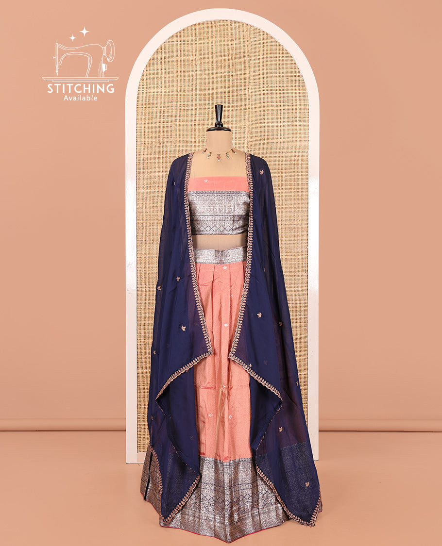 Peach-Blue Banarasi Silk Half-Saree Featuring Buttas Skirt, Contrast Traditional Border, Matching Blouse, Syska Georgette Embroidery Dhavani