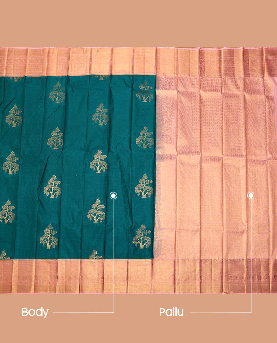 Teal Blue Budget Silk Saree, Bedecked with Tree Buttas, Complemented by a Contrast Traditional Zari Border, Intricate Pallu, and a Contrast Blouse