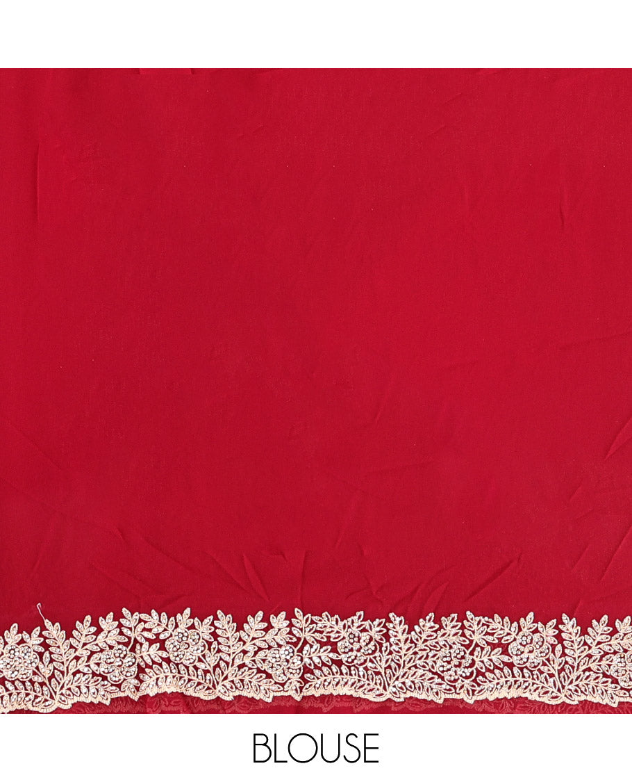 Red Designer Saree, Enthralled with Floral Vine Embroidery, a Scallop Embroidered Border, and a Matching Blouse