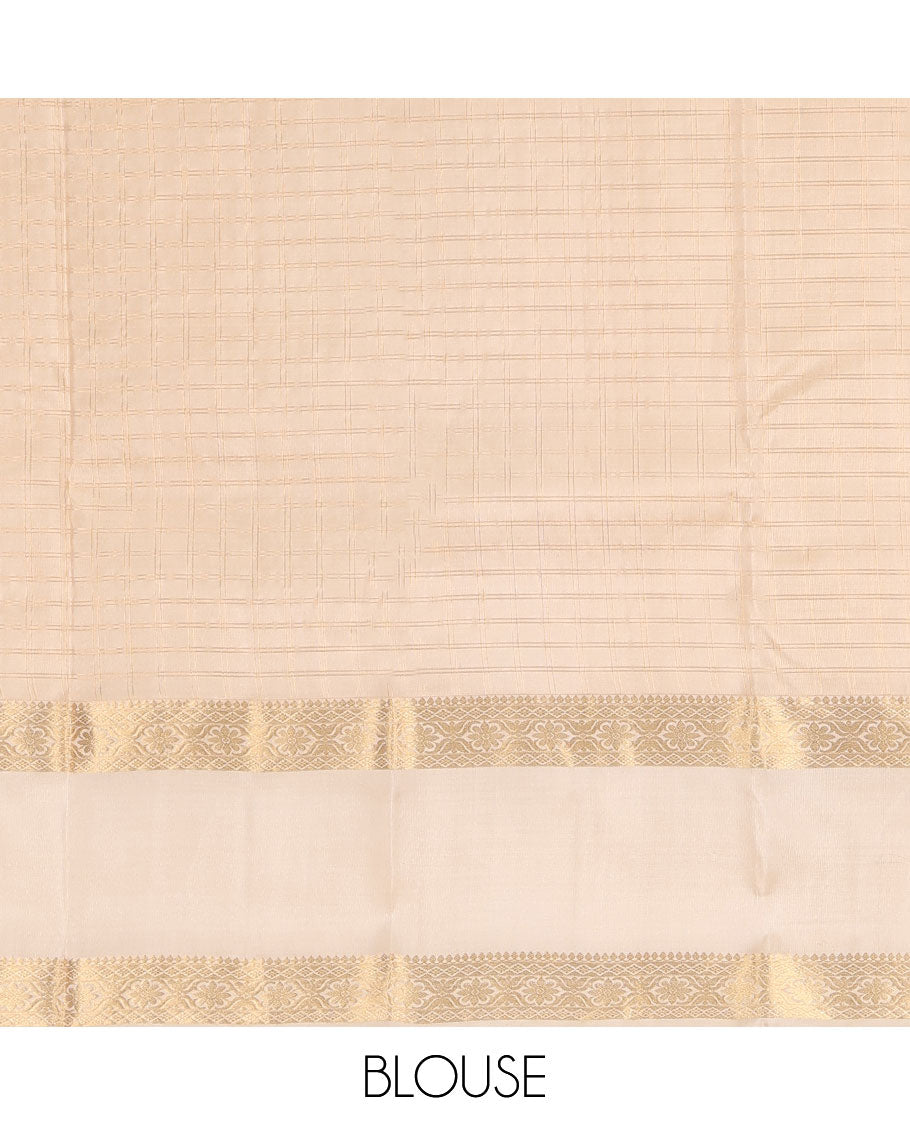 Purple Vasundhara Silk Saree, Steeped in Richness of Micro-Zari Checks All Over Its Body, Complemented by Contrast Rettai Pettu Border of Thilakam Mokku, Diamond, and Cross Kamalam Designs, Grand Jaal Pallu, and Paired with a Contrast Blouse