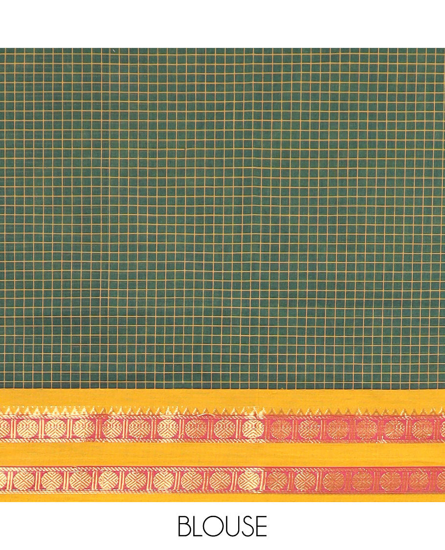 Green checked nine yards cotton saree with traditional zari design border & checked pallu