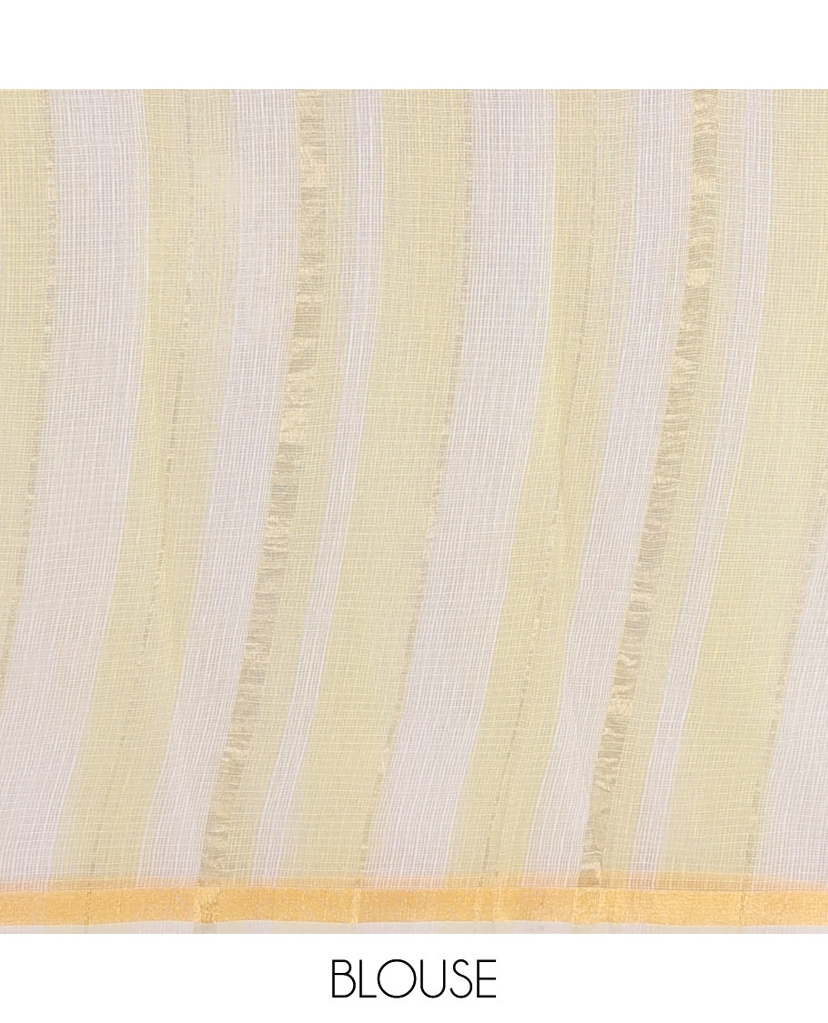 White and Yellow Kota Cotton Saree, Mesmerized with Stripes and Floral Motifs Thread Embroidery on Its Body, Piping Border, Pallu Features Floral Embroidery, and Paired with a Matching Blouse