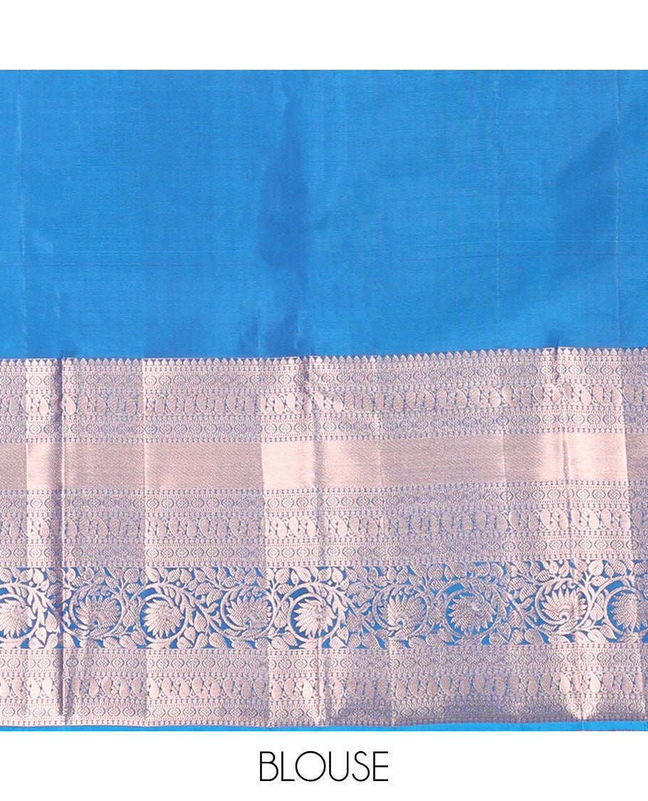 Blue floral jacquard kancheepuram silk saree with self border of thilakam mokku, banaras, poo chakram, manga, kodi visiry design & zari design pallu