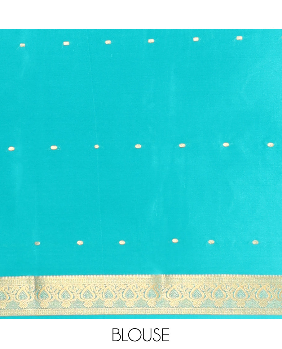 Red Mysore Silk Saree, Graced with Zari Buttas, Complemented by a Contrast Paisley Zari Border, Zari Buttas Woven Pallu, and a Contrast Blouse