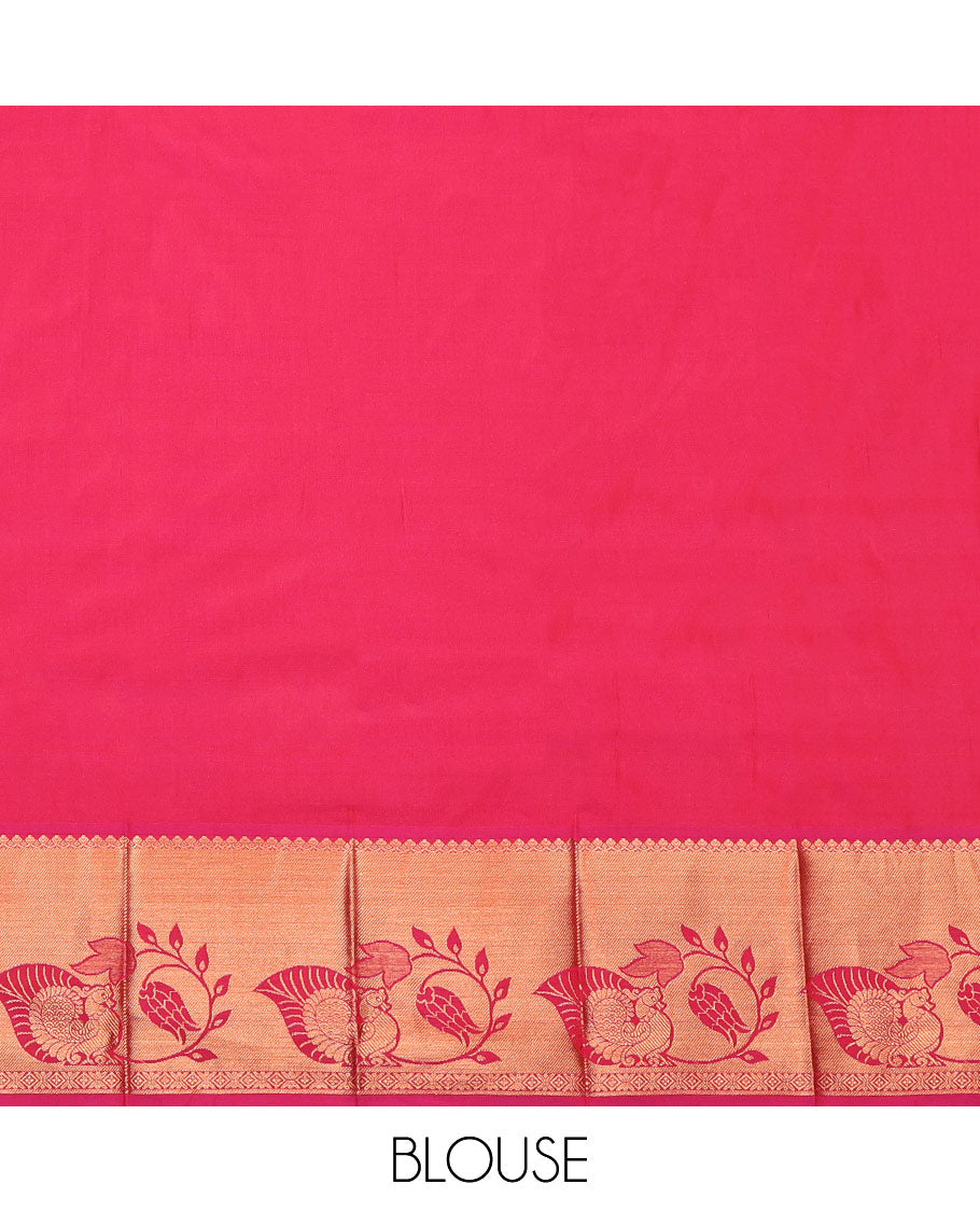 Orange Budget Silk Saree, Bedecked with Jacquard, Complemented by Contrast Leaf Vine and Peacock Zari Border, Jaal Pallu, and a Contrast Blouse