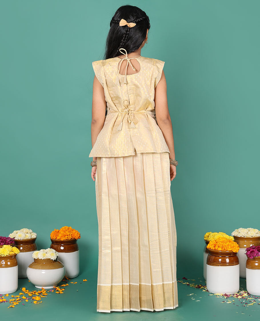Kerala cream readymade art silk pavadai, zari border skirt & jacquard embroidered round neck sleeveless blouse