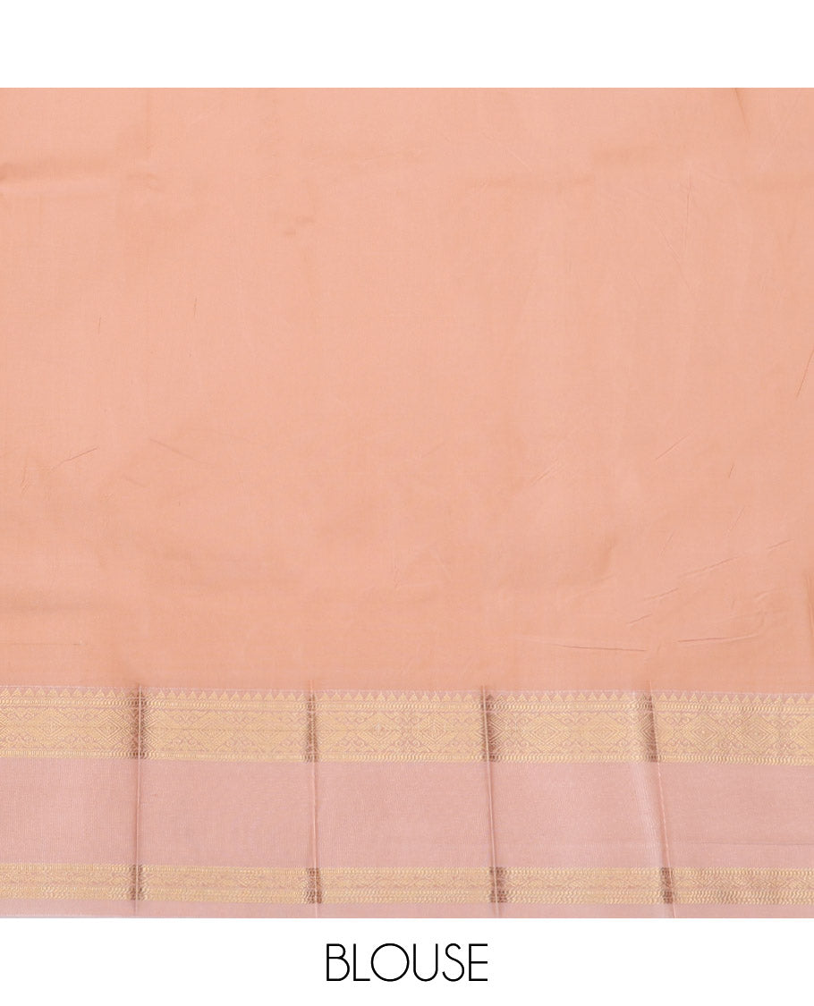 Orange Budget Silk Saree, Detailed with Zari Buttas, Complemented by a Contrast Traditional Zari Rettai Pettu Border, Grand Pallu, and a Contrast Blouse
