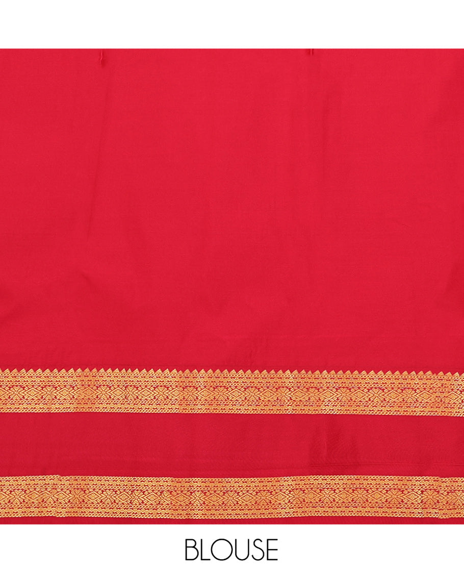 Green Budget Silk Saree, Styled with Zari Stripes and Peacock Buttas on Its Body, Complemented by a Contrast Traditional Zari Design Rettai Pettu Border, Grand Jaal Pallu, and Paired with a Contrast Blouse