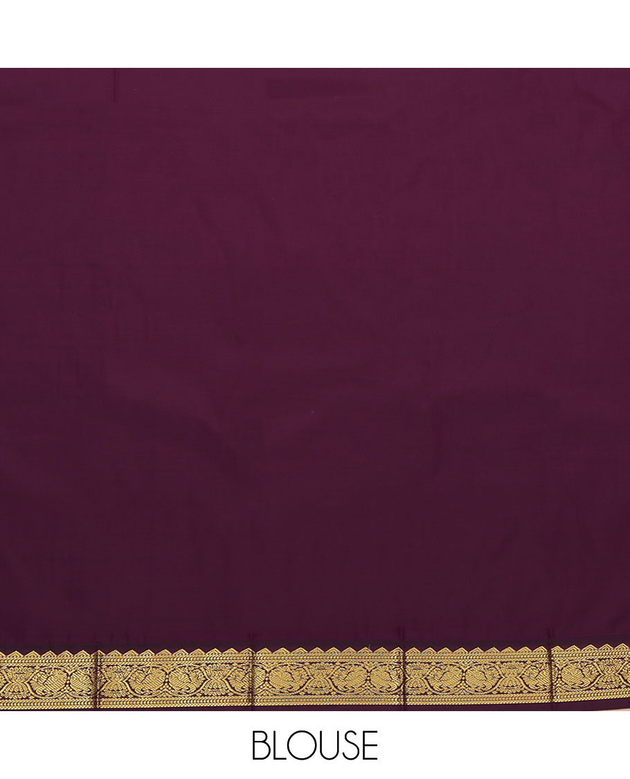 Red Budget Silk Saree, Mesmerized with Zari Buttas All Over Its Body, Complemented by a Contrast Traditional Zari Design Border of Peacocks, Pallu Features Geometric Designs, and Paired with a Contrast Blouse