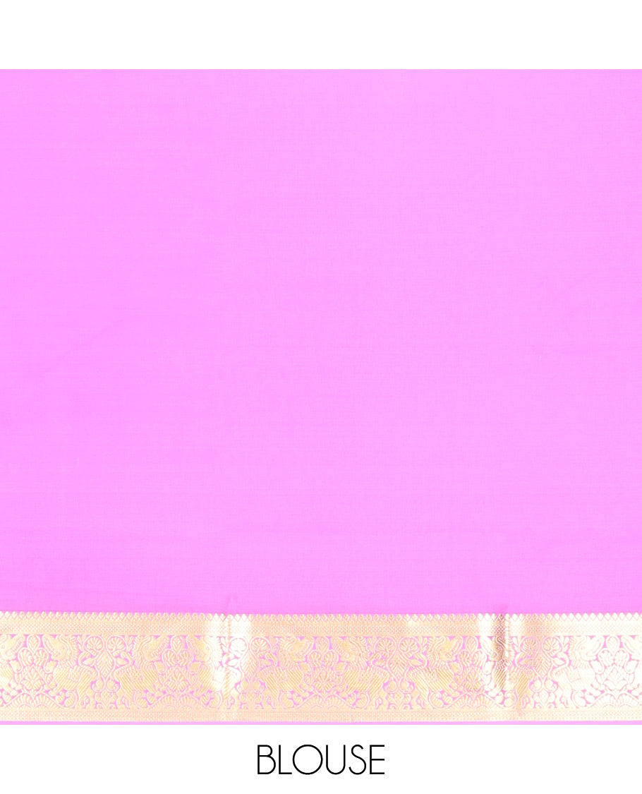 Pink Plain Mysore Silk Saree, Highlighted by a Zari Border of Yaali Designs, Pallu Steeped with Zari Designs, and Paired with a Matching Blouse