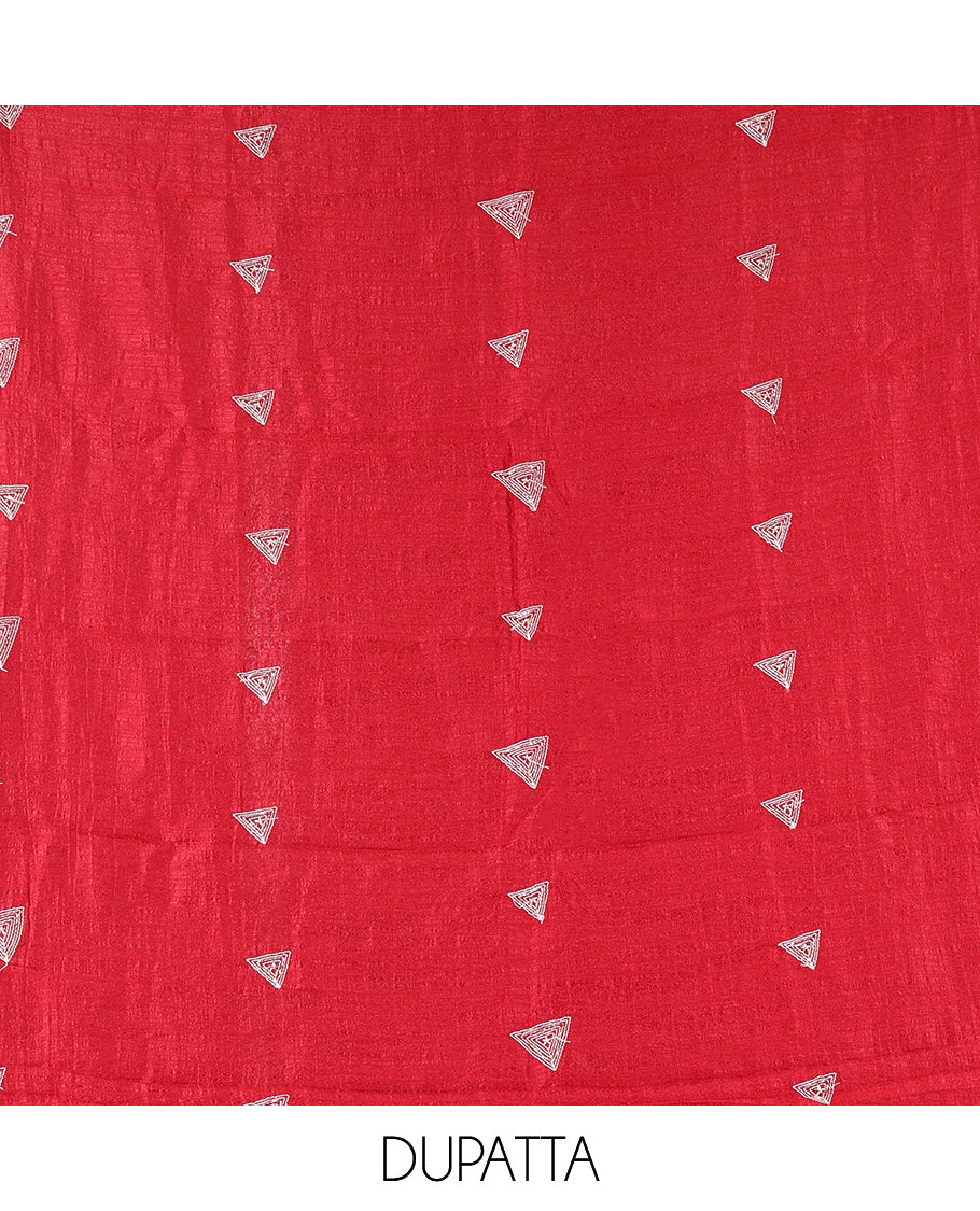 Maroon Vichitra Silk Material Chudidar Features a V-Neck Thread-Sequined Top, a Plain Bottom, Matching Thread-Sequined Dupatta