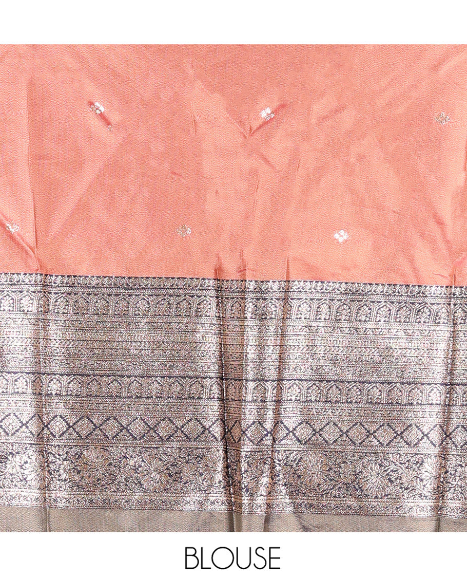 Peach-Blue Banarasi Silk Half-Saree Featuring Buttas Skirt, Contrast Traditional Border, Matching Blouse, Syska Georgette Embroidery Dhavani