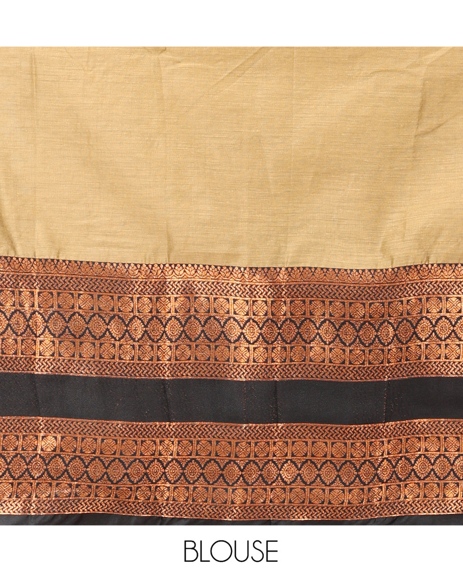 Beige Chanderi Cotton Half-Saree, Plain Skirt, Contrast Traditional Zari Border, a Matching Blouse, and Contrast Dupatta