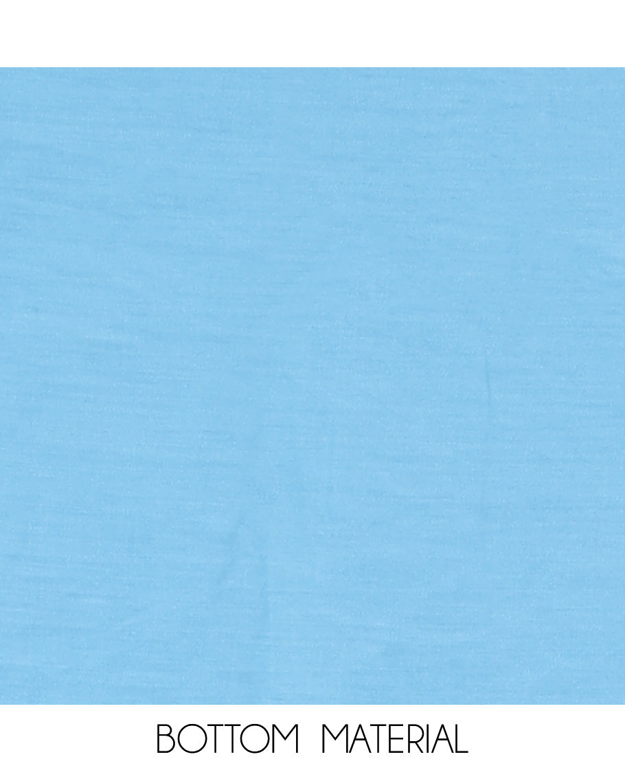Sea Blue Viscose Muslin Material Churidar Features Buttas Thread Woven Top, a Santoon Bottom, and Floral Jaal Dupatta