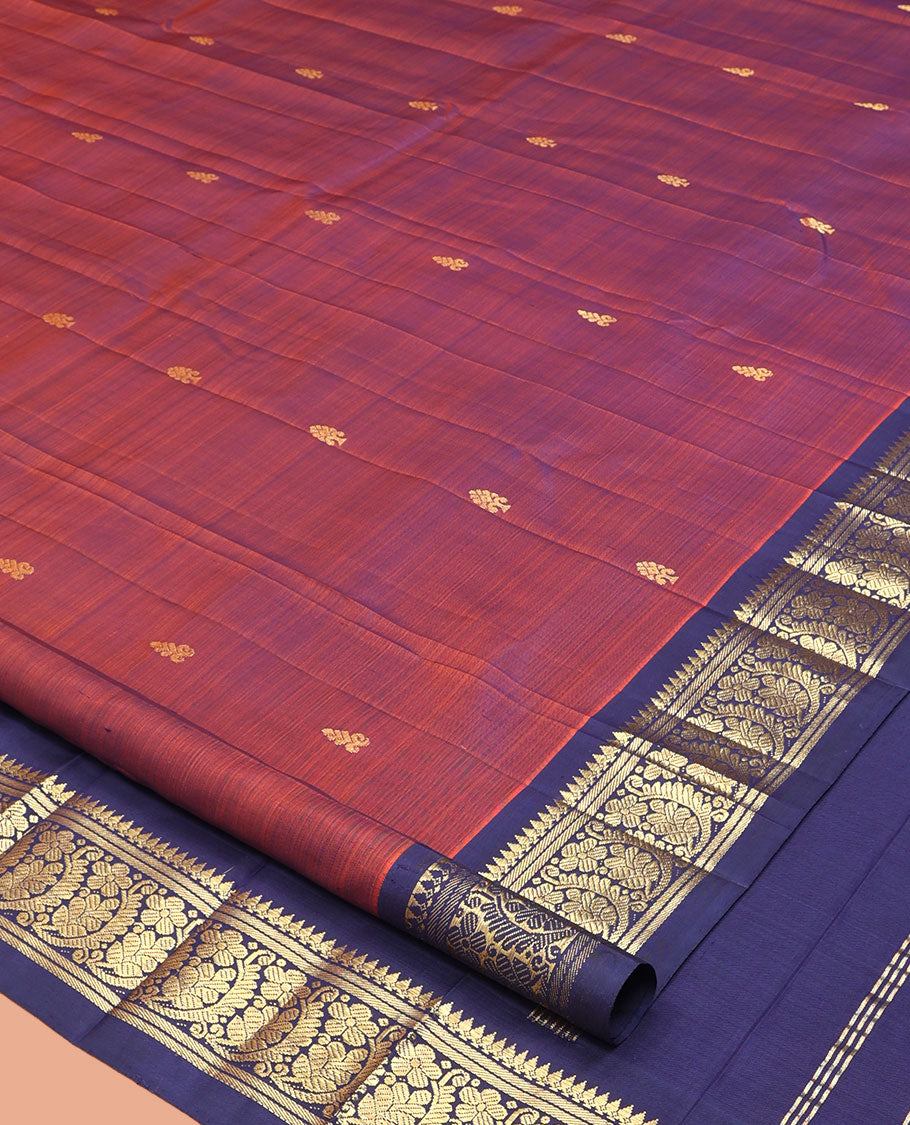 Red Kanchipuram Silk Saree, Woven with Zari Buttas, a Contrast One-Sided Border of Thilakam Mokku and Floral Designs, a Zari Design Pallu, and No Blouse