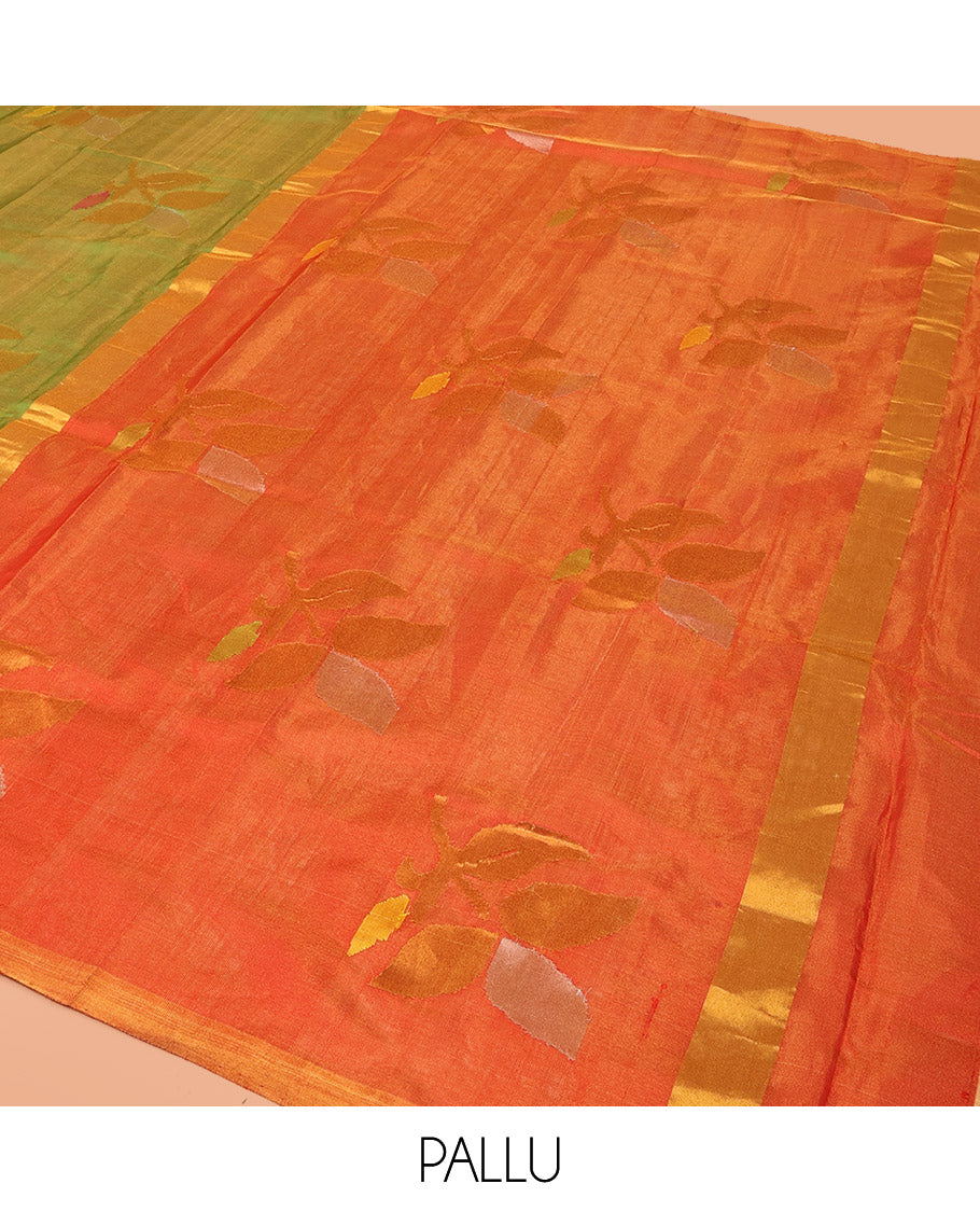 Borderless parrot green Uppada Silk Saree Artfully Detailed with Leaf Zari Buttas, Complemented by Contrast Pallu Steeped with Leaf Zari Designs, and Paired with a Contrast Blouse