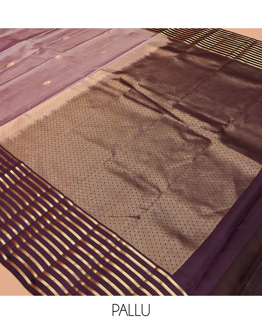 Light Purple Vasundhara Lite-Silk Mix Saree, Enthralled with Zari Buttas, Complemented by a Contrast Zari Striped Border, Grand Jaal Pallu, and a Contrast Blouse