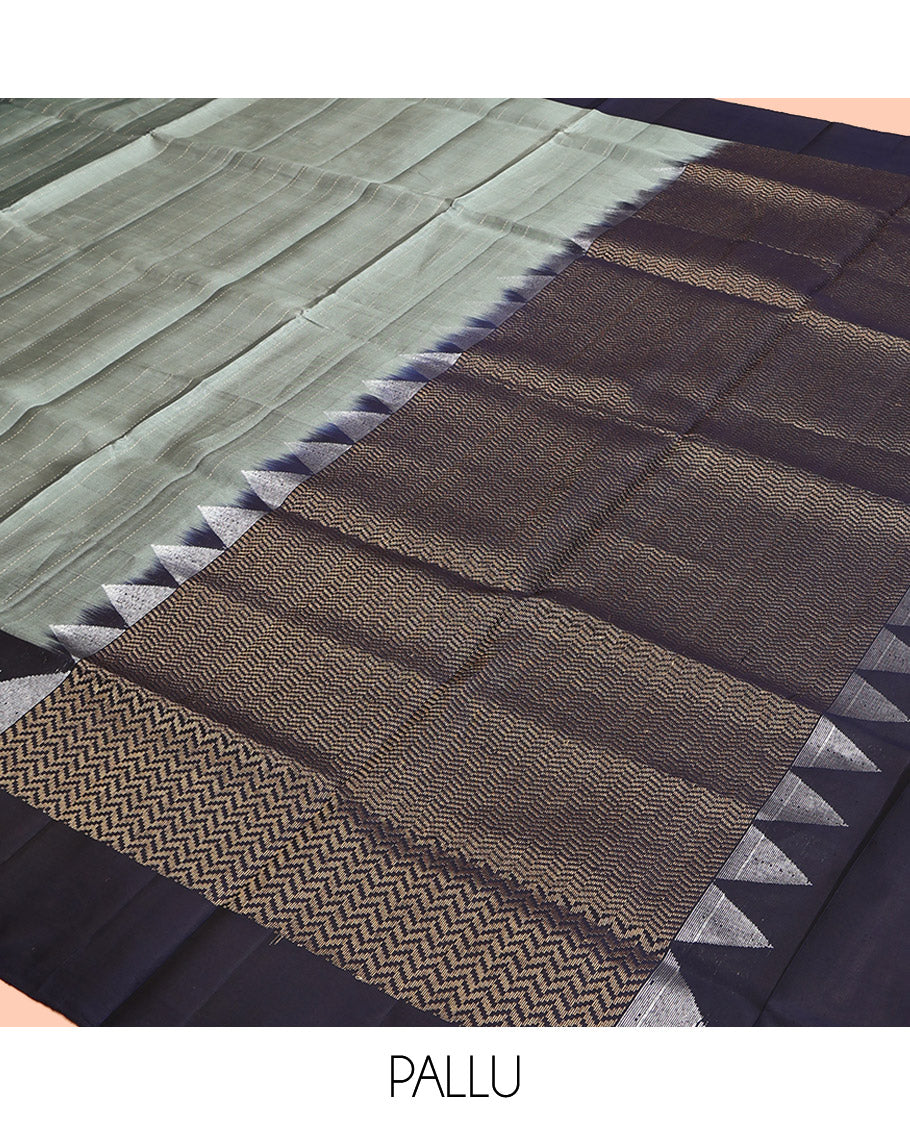 Grey Mayuri Soft Silk Saree, Subtly Sparkled with Stripes, Contrast Temple Border, Pallu of Vanki Designs, and a Contrast Blouse