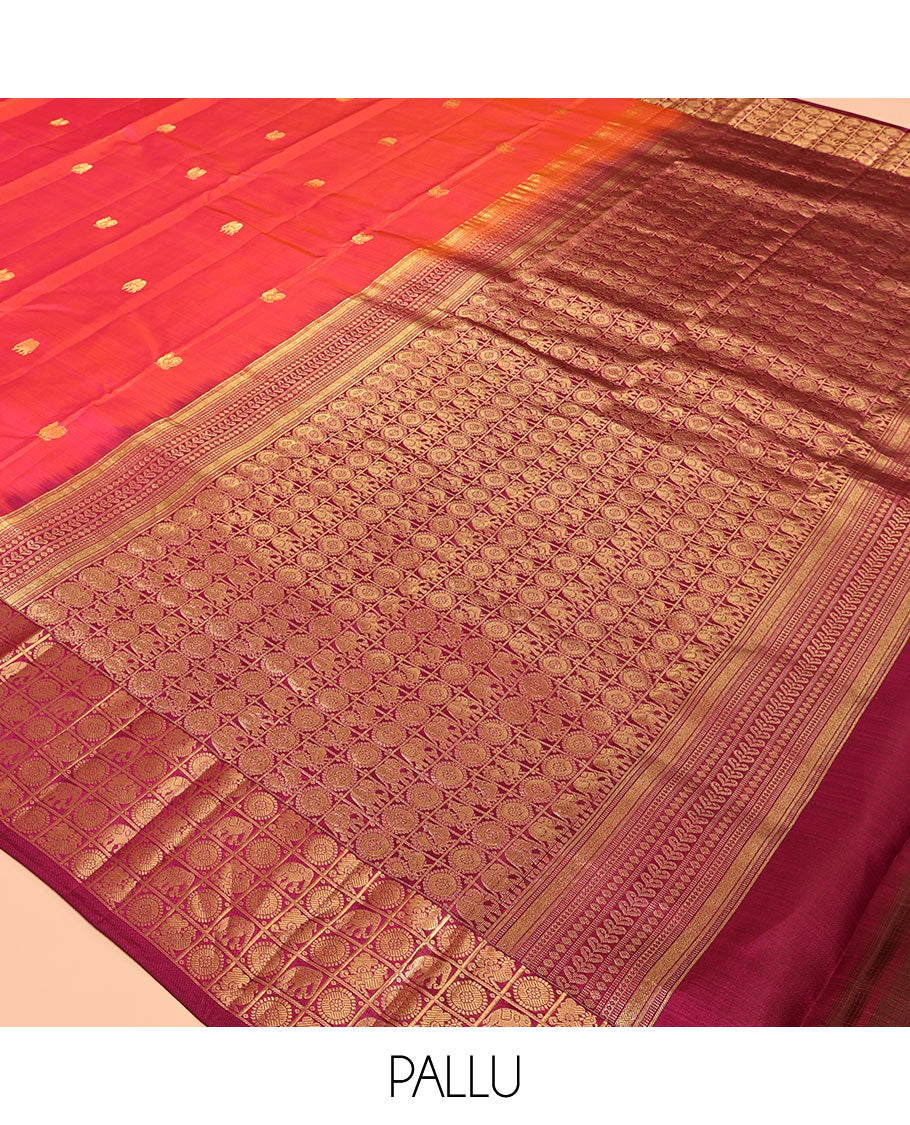 Orange Vasundhara Silk Saree, Woven with Mayil-Yaanai Buttas, Contrast Mayil-Yaanai Chakra-Enclosed Checked Border, Grand Pallu, and a Contrast Blouse