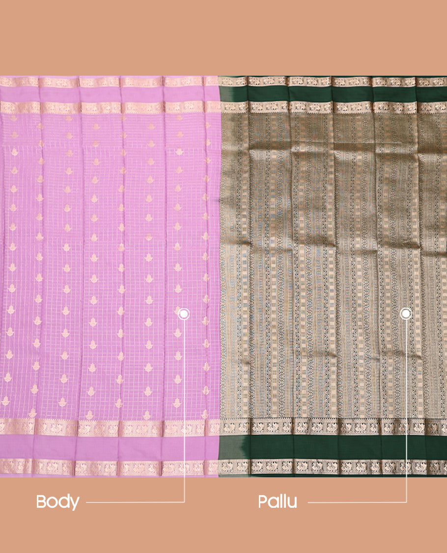 Pink Budget Silk Saree Features Buttas and Checks, Highlighted by a Traditional Rettai Pettu Border, Contrast Grand Pallu, and a Contrast Blouse