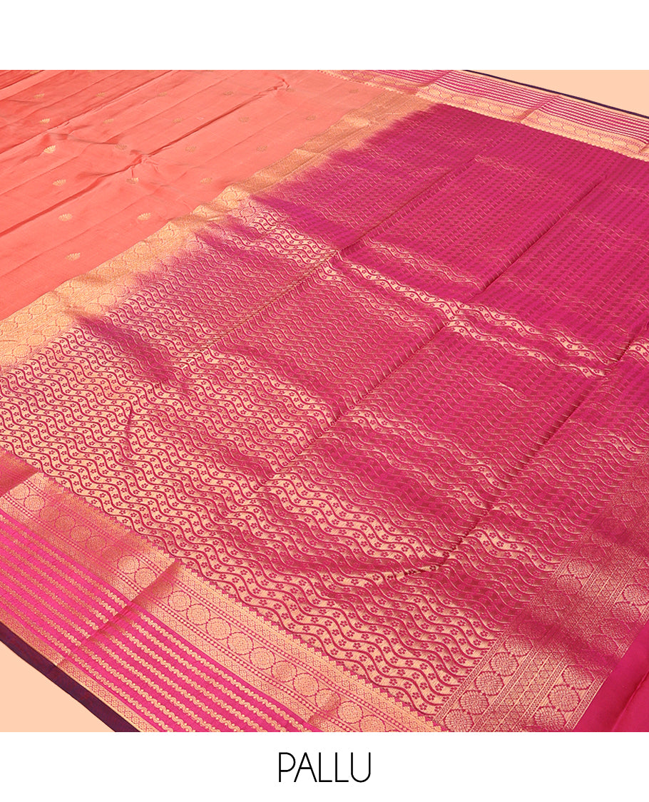 Peach Vasundhara Lite Silk Mix Saree, Finely Crafted with Zari Buttas, a Contrast Border of Chakram, Neli and Kamalam Designs, Grand Pallu, and a Contrast Blouse