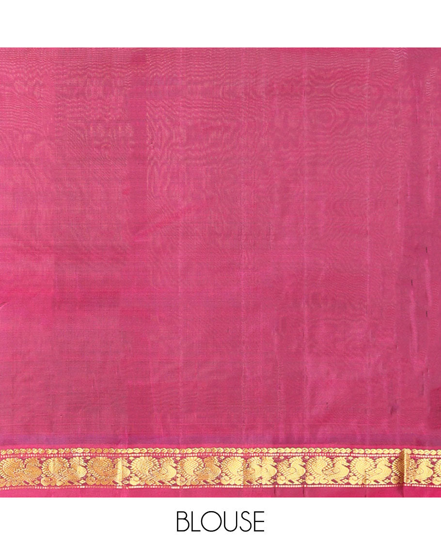 Green striped kancheepuram silk saree with contrast ganga jamuna border of paisley, mayil design & zari design pallu