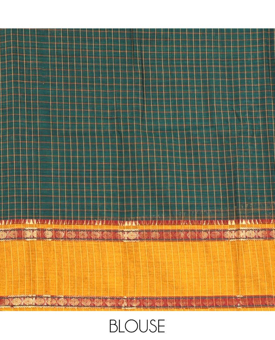 Grey-Red Mercerised Cotton Saree Features a Checked Skirt, Contrast Temple-Rudraksham Rettai Pettu Border, a Matching Blouse, and Contrast Vichitra Silk Dhavani
