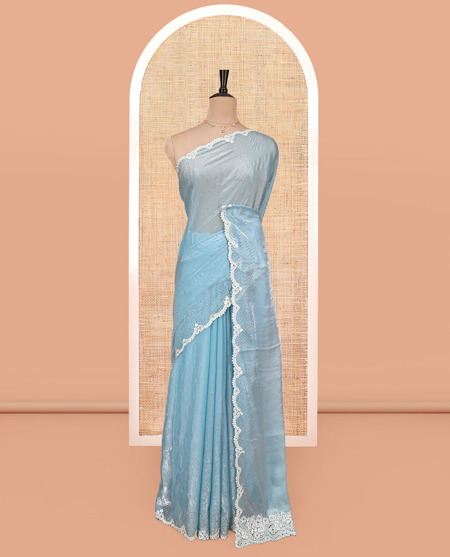 Blue Designer Saree, Steeped with Stones, a Scallop Stonework Lace Border, and Matching Blouse