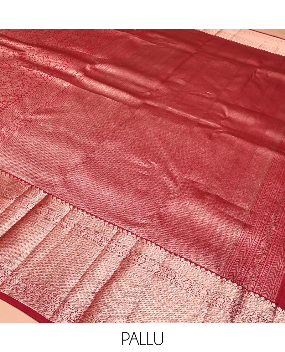 Red Kanchipuram Wedding Silk Saree, Opulently Embellished with Jacquard Design on Its Body, Highlighted by Zari Border of Kathir, Kamalam, Diamond, and Jaal Designs, Grand Jaal Pallu, and Paired with a Matching Blouse