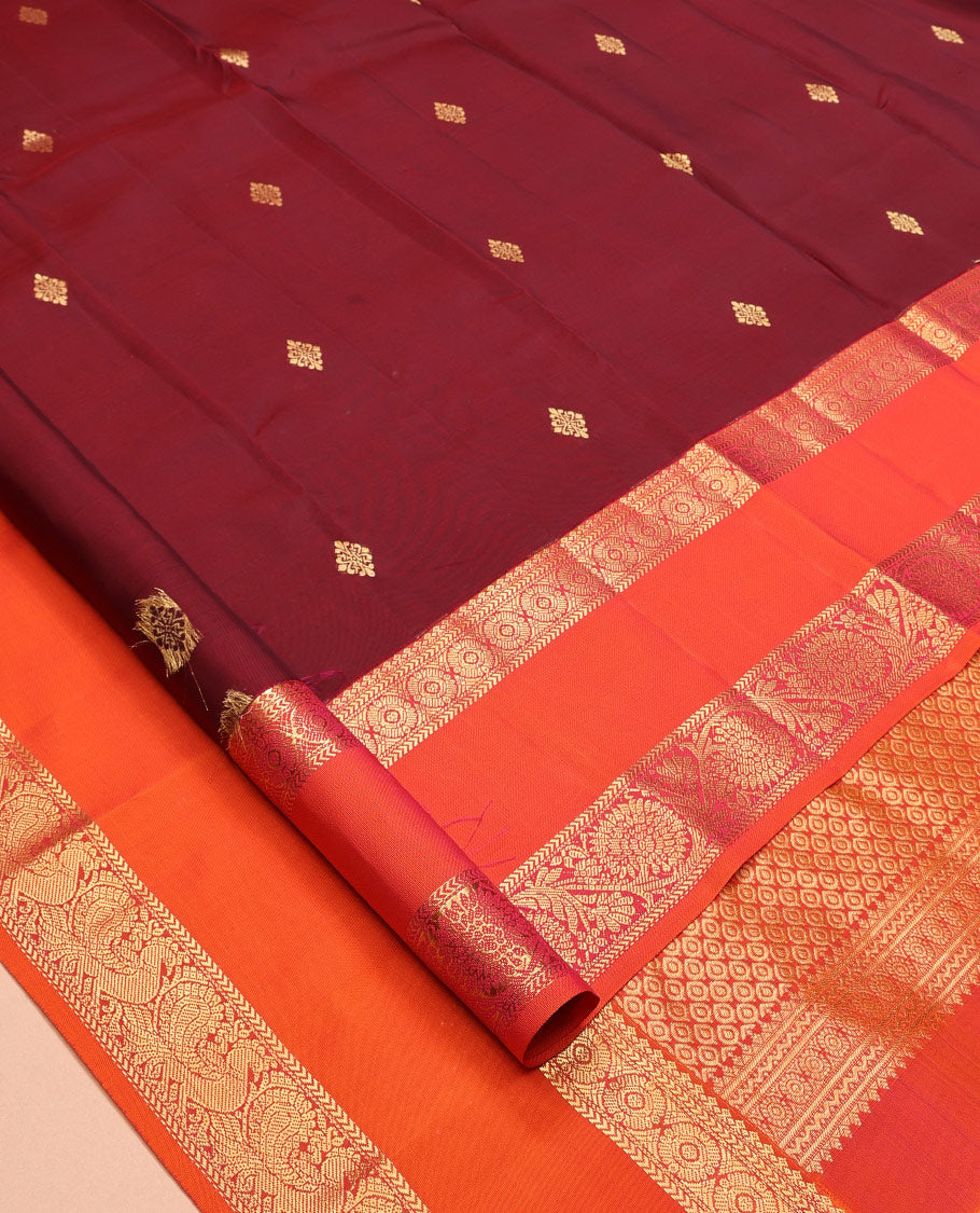 Maroon Zari Buttas Vasundhara Lite Silk Mix Saree, a Contrast Rettai Pettu Border of Kathir, Chakram, and Kodi Visiry Designs, Grand Pallu, and a Contrast Blouse