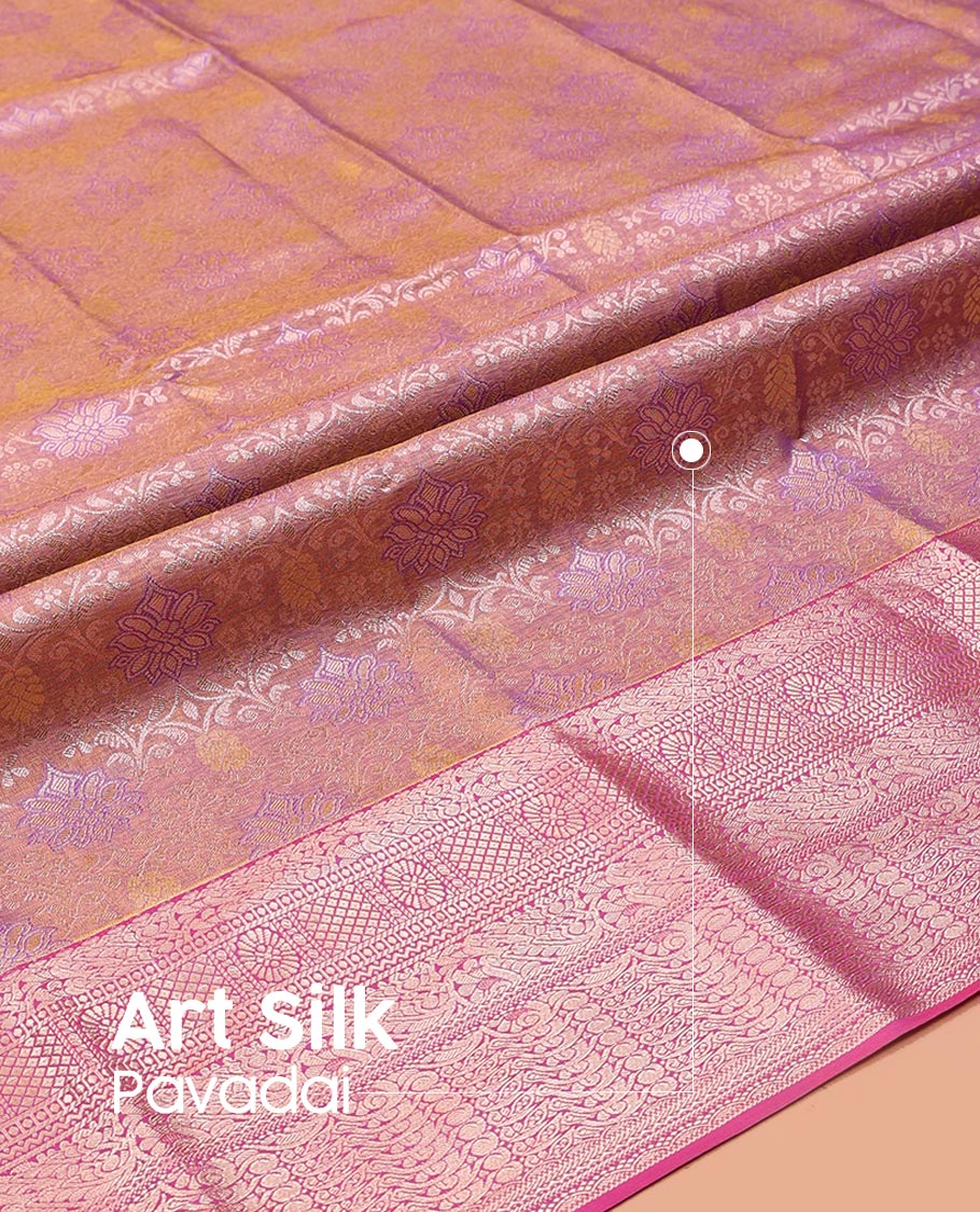 Brown Art Silk Pavadai Material Set, Beautifully Accentuated with Jacquard Design on Its Skirt, Complemented by a Contrast Traditional Zari Design Border, and Paired with a Matching Blouse
