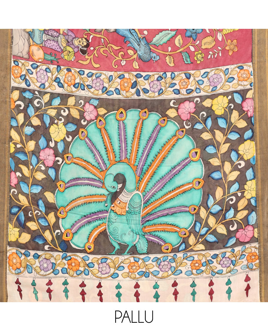 Red Kalamkari Printed Semi-Banarasi Tussar Saree, Accentuated with Human Figurines, Contrast Zari Border, Contrast Peacock Pallu, and a Contrast Blouse