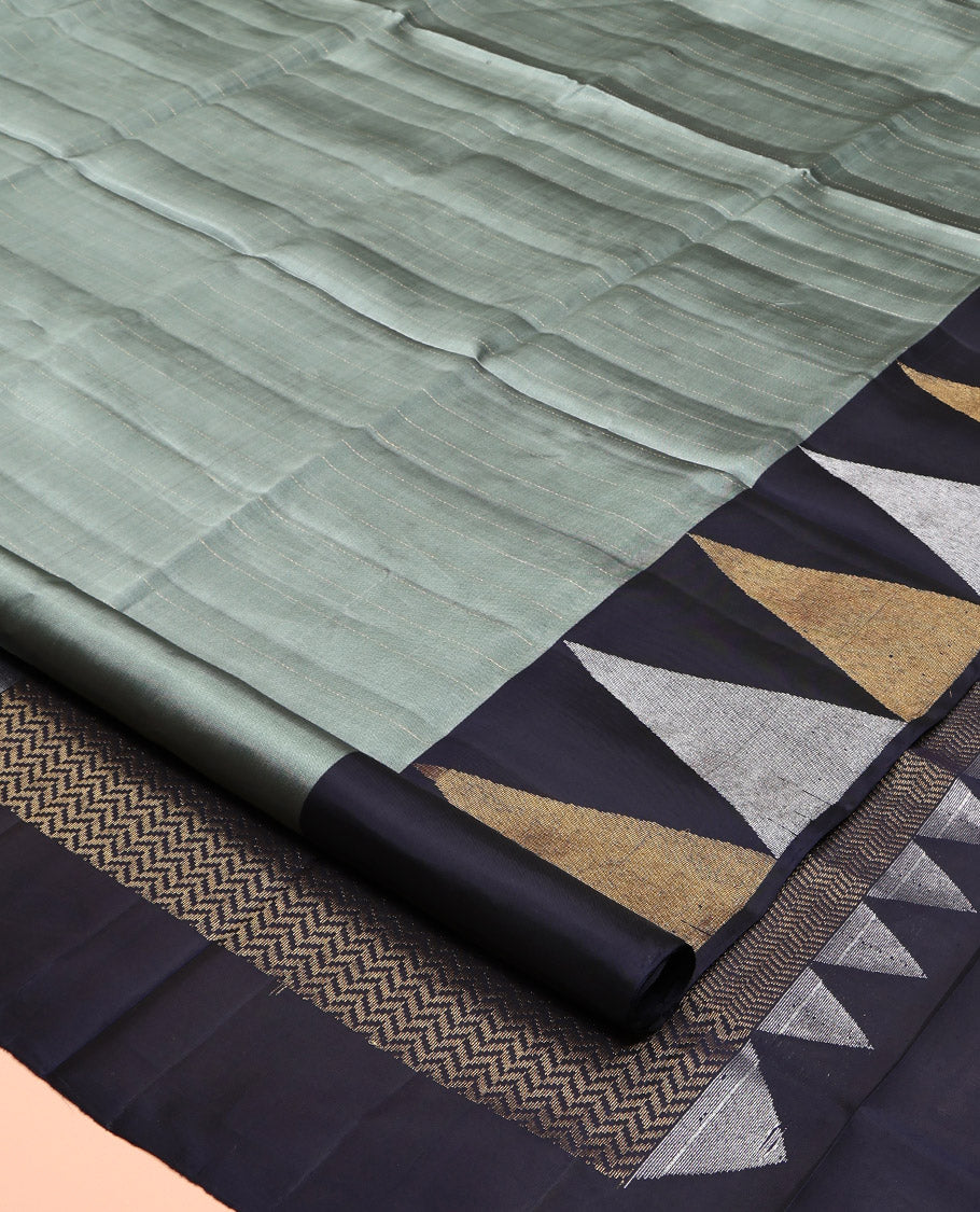 Grey Mayuri Soft Silk Saree, Subtly Sparkled with Stripes, Contrast Temple Border, Pallu of Vanki Designs, and a Contrast Blouse