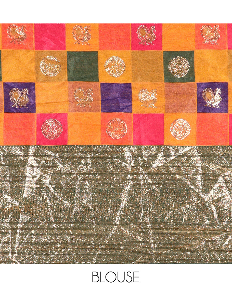 Multi-Color Checked Banarasi Silk Half-Saree with Peacock-Chakra Buttas Skirt, a Contrast Traditional Border, Matching Blouse, Contrast Dhavani