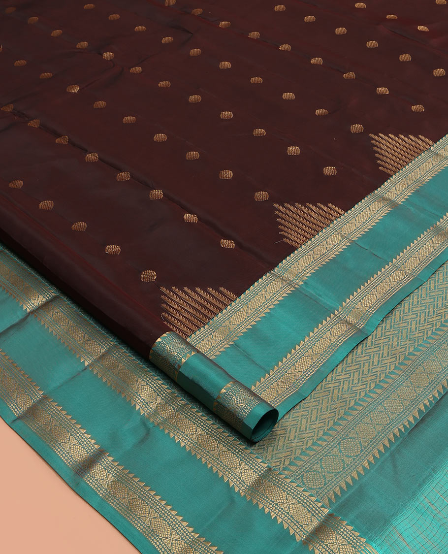 Brown Zari Buttas Woven Vasundhara Lite Silk Mix Saree, a Contrast Rettai Pettu Border, Contrast Blouse