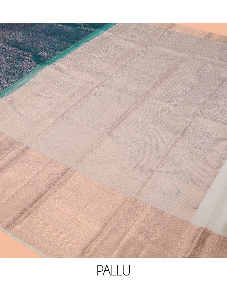 Blue Kanchipuram Wedding Silk Saree, Gleamed Up with Floral Jacquard Design, a Contrast Border of Mayil Kann, Muthu, Kathir, Chakram, and Mayil Kann, Grand Pallu, and a Contrast Blouse