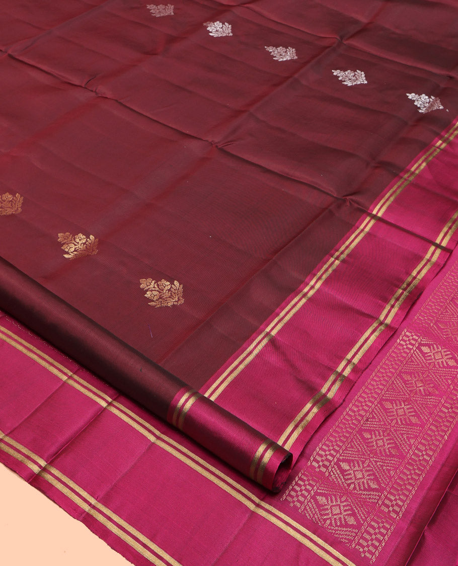 Brown Mayuri Lite Silk Mix Saree, Adorned with Zari Buttas, Complemented by Contrast Border, Pallu of Intricate Designs and a Contrast Blouse