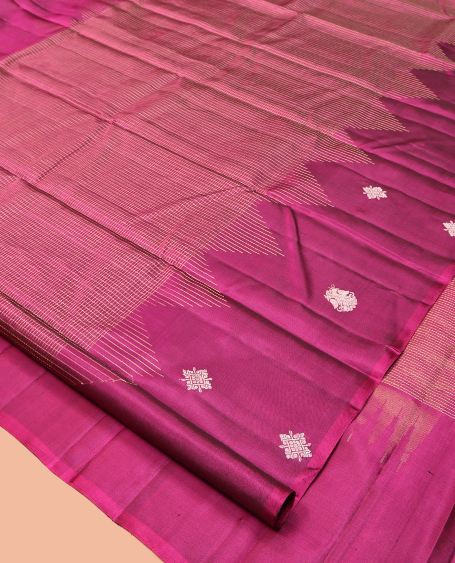 Purple Checked Kanchipuram Silk Saree, Highlighted by a Zari Border of Kolam and Iruthalai Pakshi Designs, Striped Pallu, and a Matching Blouse