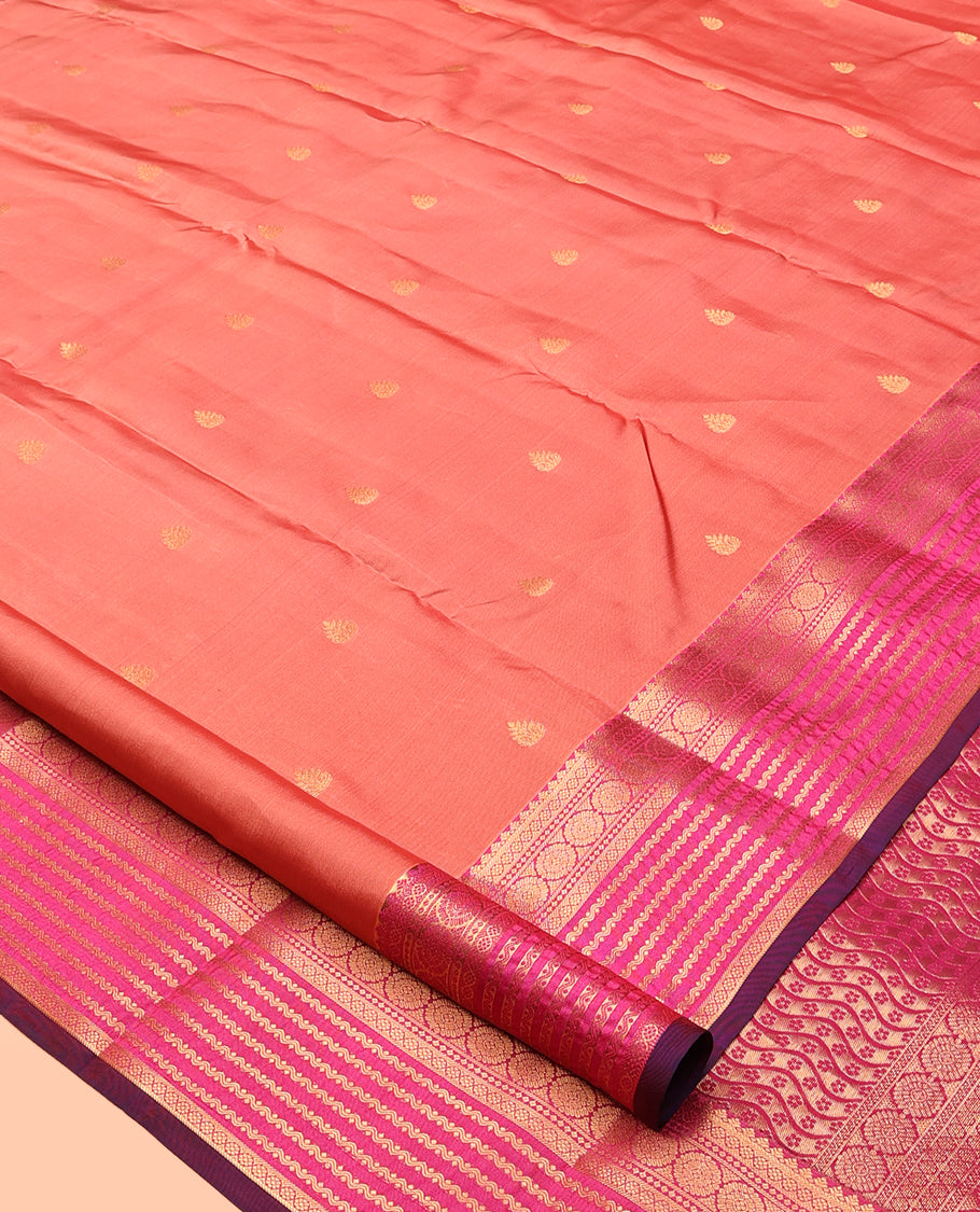 Peach Vasundhara Lite Silk Mix Saree, Finely Crafted with Zari Buttas, a Contrast Border of Chakram, Neli and Kamalam Designs, Grand Pallu, and a Contrast Blouse