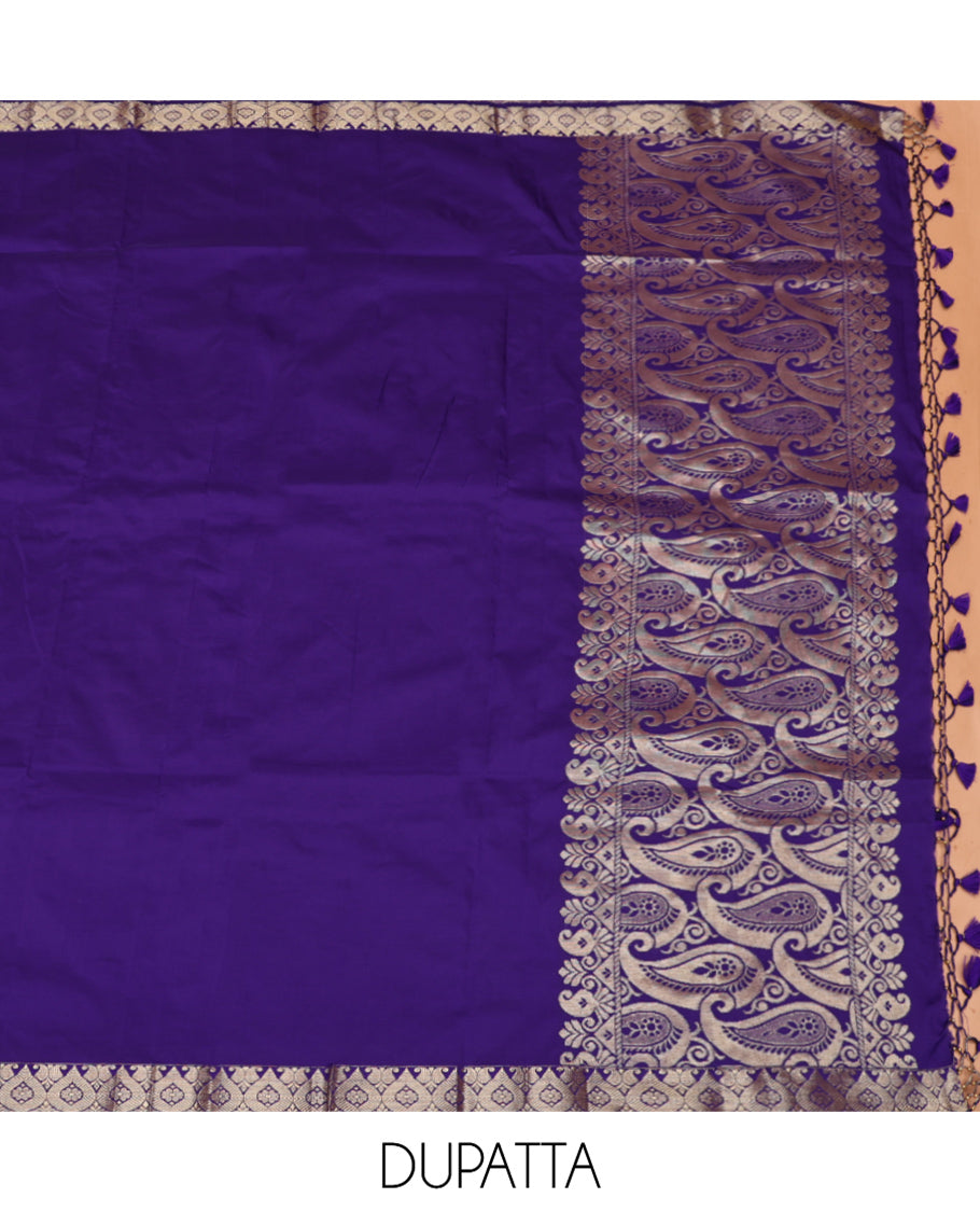 Turquoise Art Silk Material Half Saree, Bedecked with Jacquard Skirt, a Contrast Traditional Zari Border, Contrast Blouse, and an Intricate Dhavani