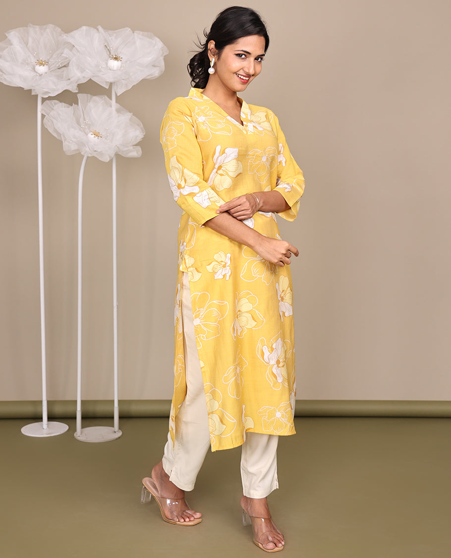 Yellow Flower Motifs Printed Below-Knee-Length Cotton Kurti, Adorned with V-Neckline, 3/4 Sleeves, Straight Cut Length