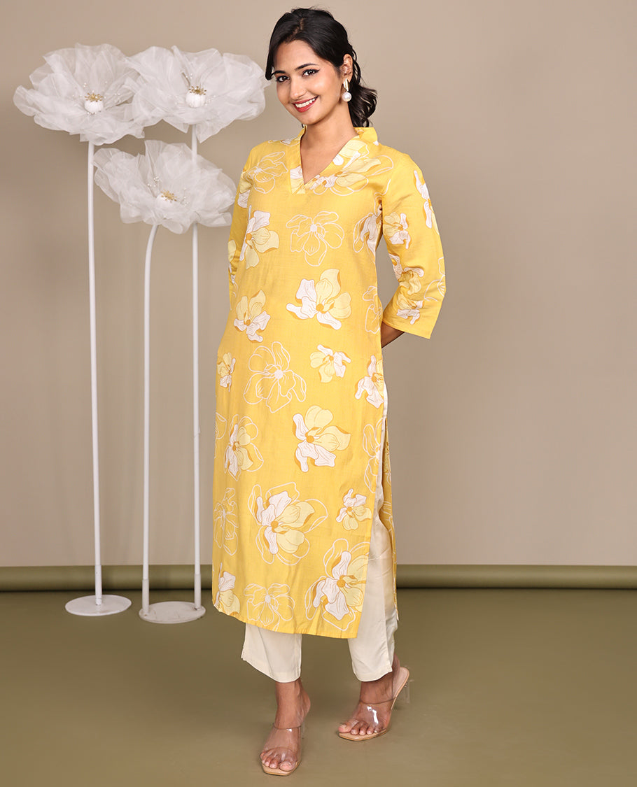 Yellow Flower Motifs Printed Below-Knee-Length Cotton Kurti, Adorned with V-Neckline, 3/4 Sleeves, Straight Cut Length