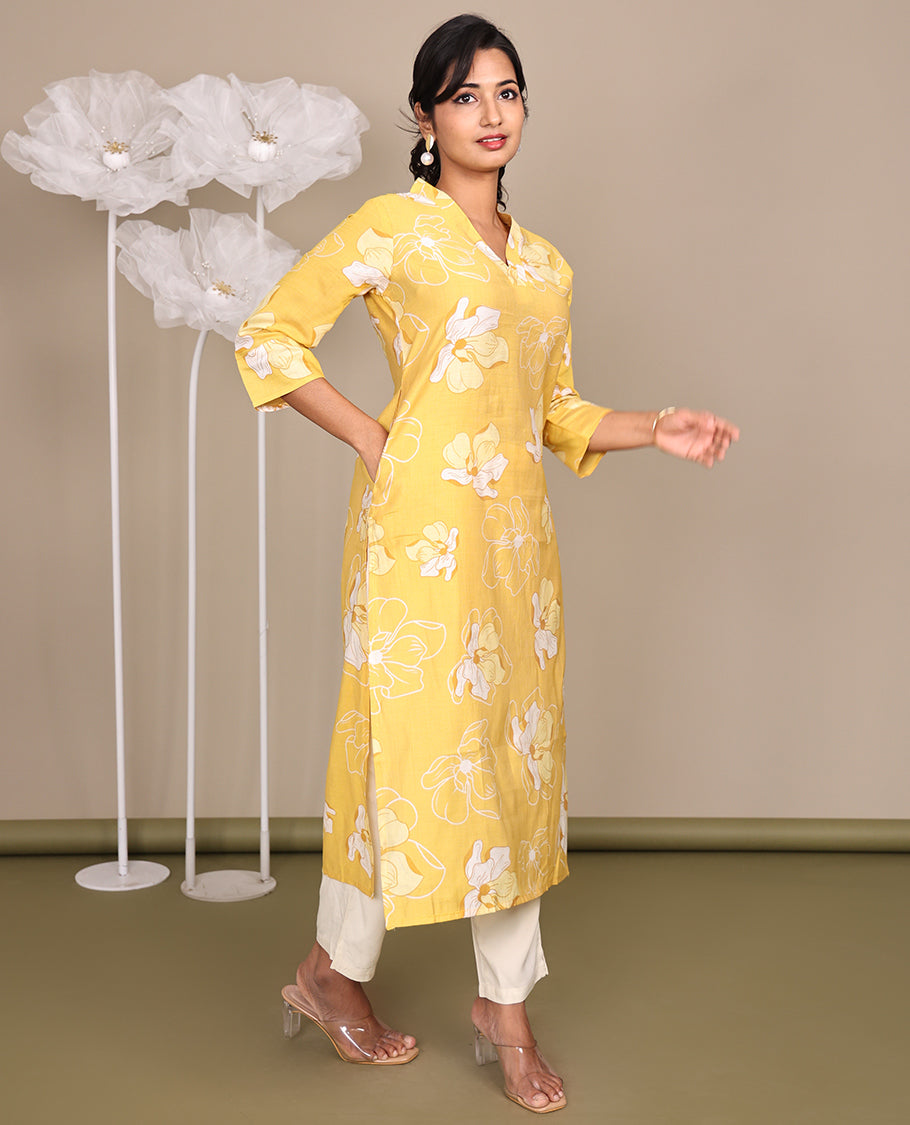 Yellow Flower Motifs Printed Below-Knee-Length Cotton Kurti, Adorned with V-Neckline, 3/4 Sleeves, Straight Cut Length