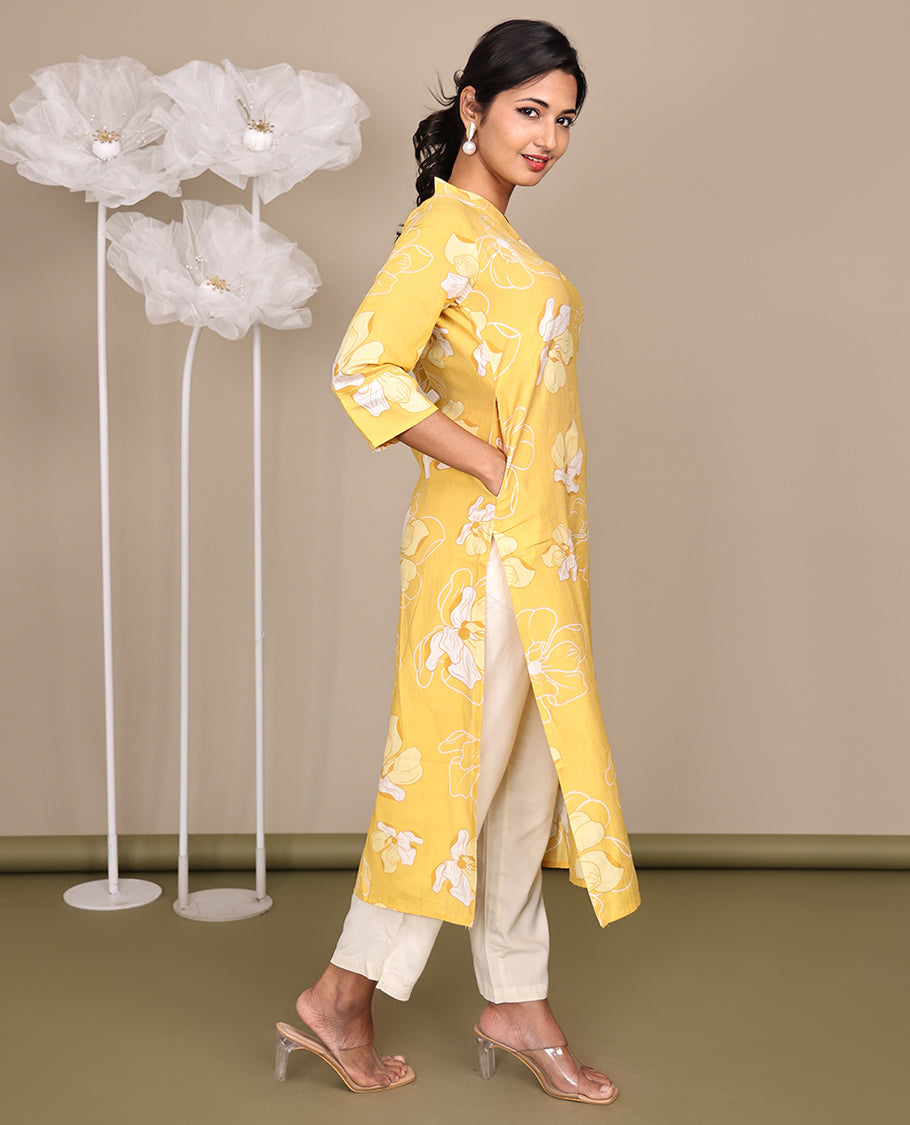 Yellow Flower Motifs Printed Below-Knee-Length Cotton Kurti, Adorned with V-Neckline, 3/4 Sleeves, Straight Cut Length
