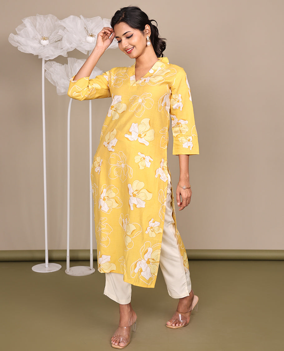 Yellow Flower Motifs Printed Below-Knee-Length Cotton Kurti, Adorned with V-Neckline, 3/4 Sleeves, Straight Cut Length